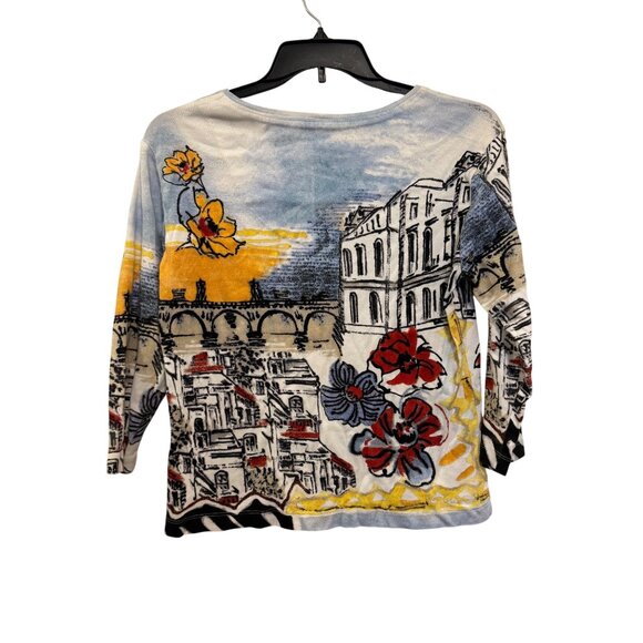 Chicos Multicolor Cityscape & Floral Print V-Neck Cotton 3/4 Sleeve Womens Top S - Picture 6 of 8